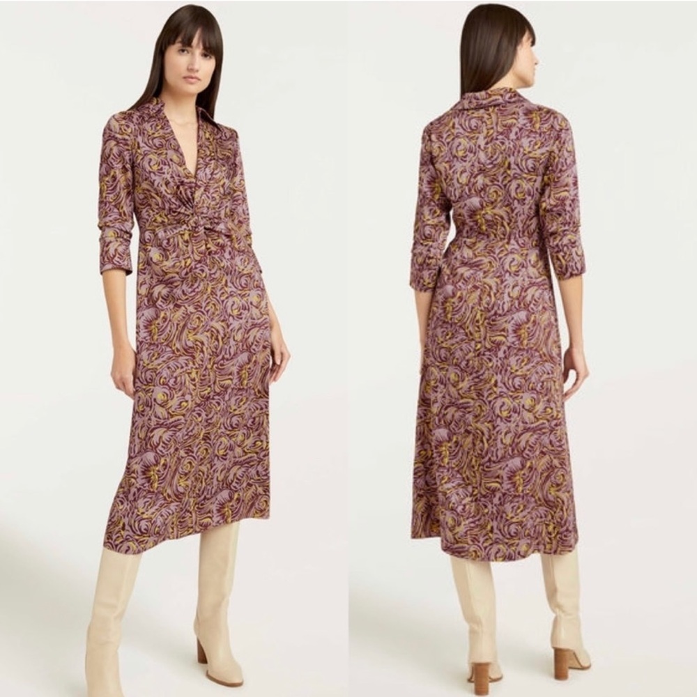 Cinq À Sept NEW Dayna Desert Rose Printed Twill Gathered Midi Dress Size 2